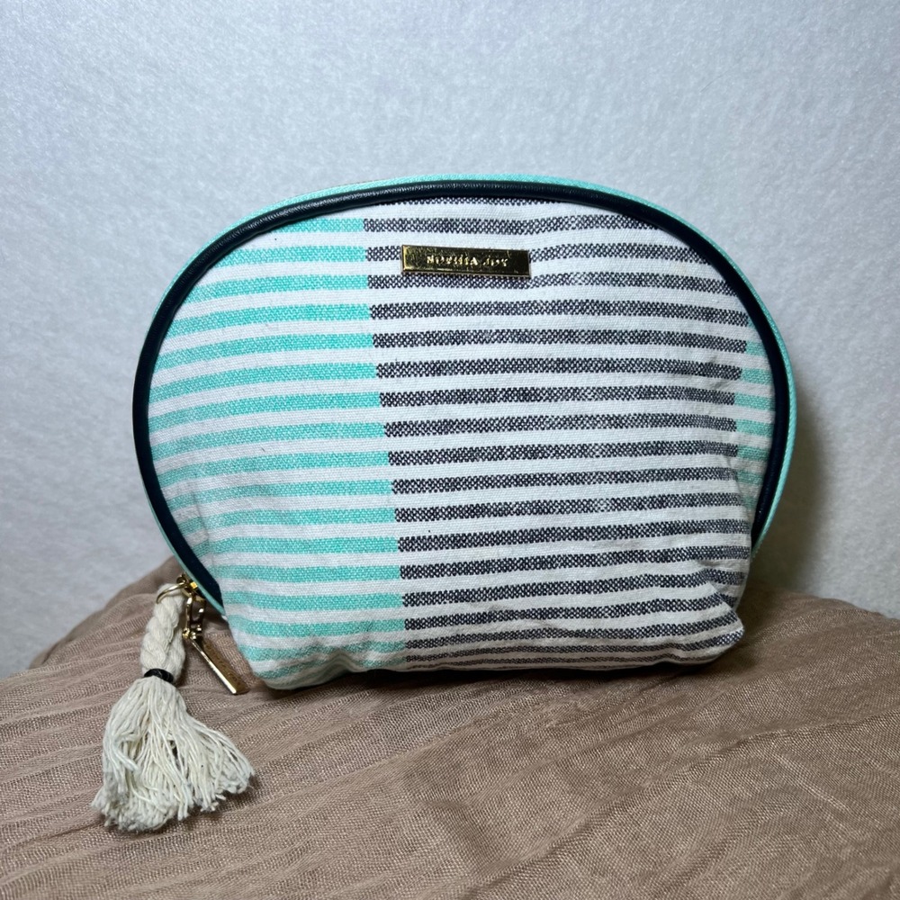 Sonia Joy Striped Canvas Makeup Bag Mint Green Black White Tassel Cosmetic Pouch